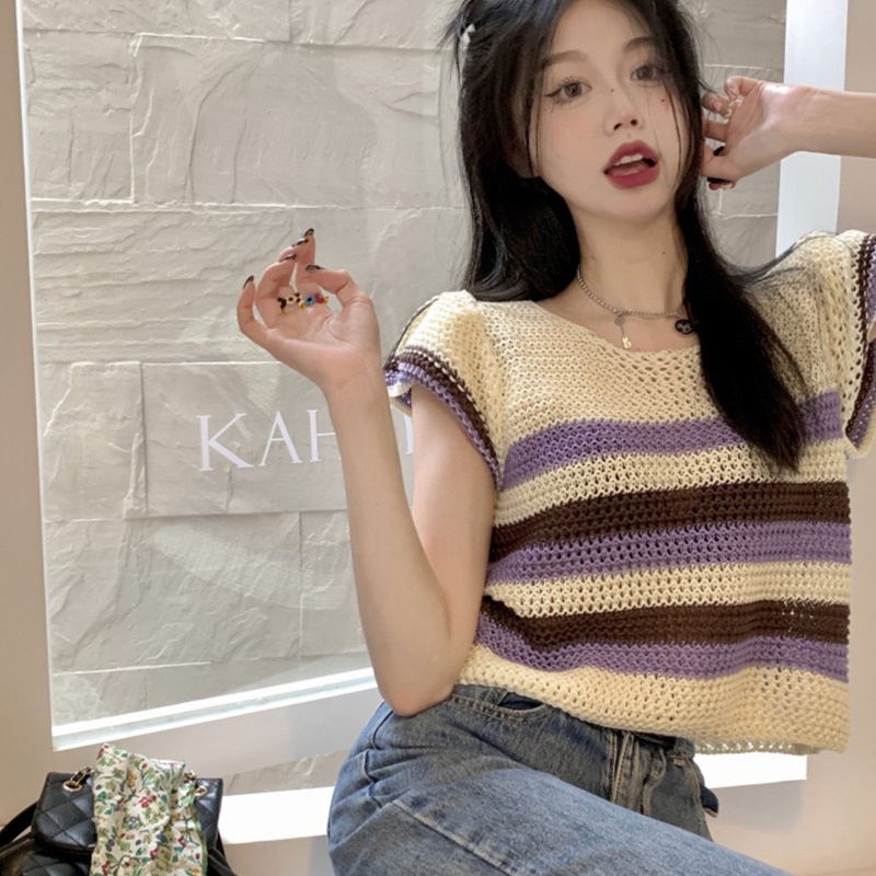 Áo Thun Croptop Dệt Kim Mỏng Tay Ngắn Dáng Rộng Họa Tiết Kẻ Sọc Thời Trang Mùa Hè Cho Nữ