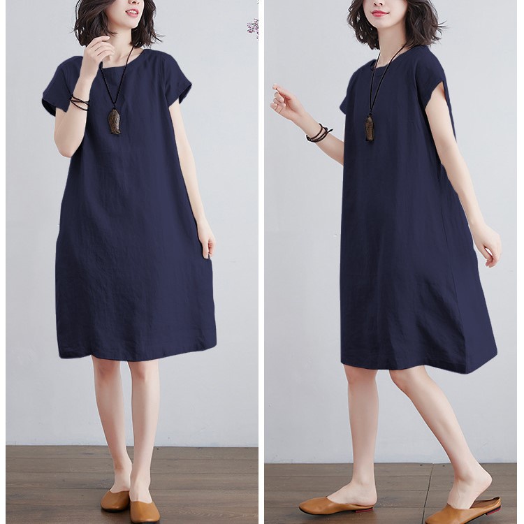 Đầm suông linen tay hến trẻ trung, chất vải linen mềm mát, thời trang phong cách Nhật Bản D84