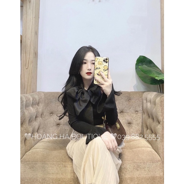 Áo Len Tăm Dài Tay Nơ Cổ Thu Đông, Áo Thun Nữ Dáng Ôm Co Giãn Tiểu Thư