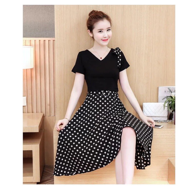 Giá Gốc - Đầm Đen Váy Chấm Bi Đắp Chéo | BigBuy360 - bigbuy360.vn