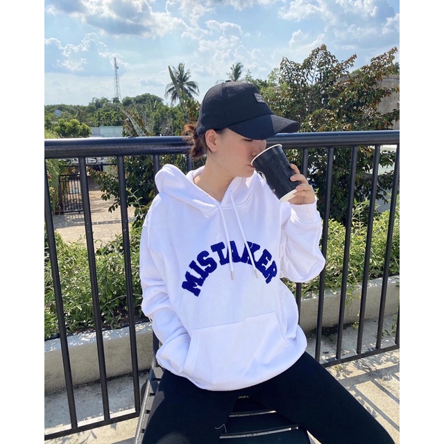 MISTAKER | Áo khoác hoodie có nón logo thêu màu trắng