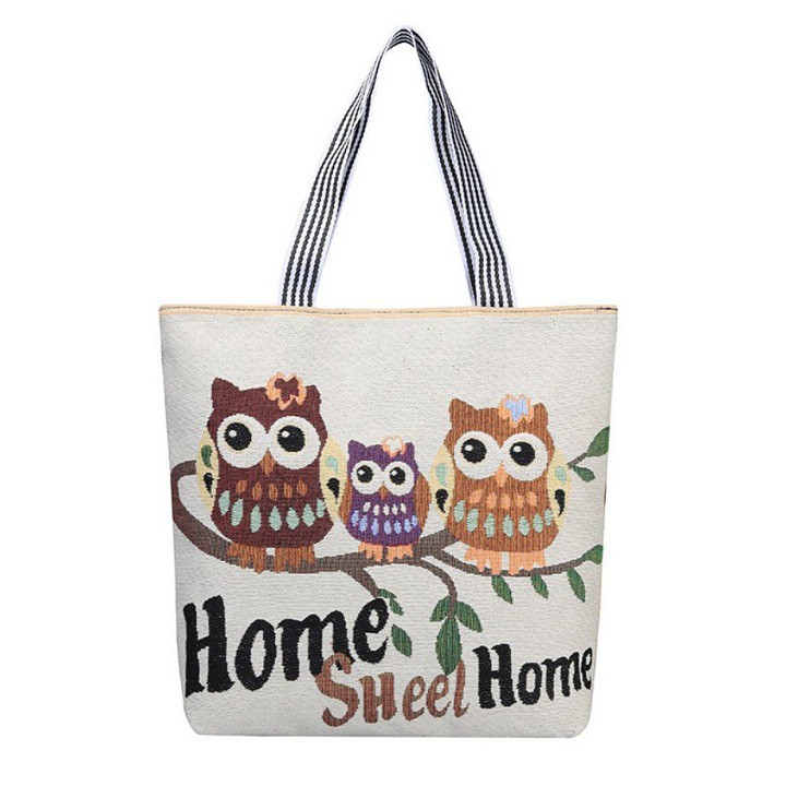 Túi Tote Vải Canvas Thêu Hình Chim Cú Mèo Cute Thời Trang Đeo Chéo GN11-IV