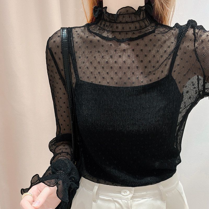 Áo Ren Lưới Tay Loe Dài Cổ Cao Phong Cách Hàn Quốc Dành Cho Nữ