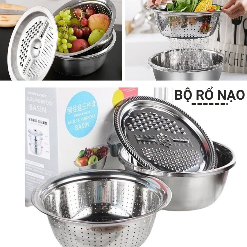 Bộ rổ nạo rau củ đa năng ba món kèm chậu inox 304 không gỉ nhiều chức năng cao cấp tiện lợi đồ dùng bếp cao cấp Angola