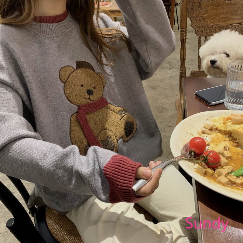 Áo sweater dài tay dáng rộng phong cách retro thời trang mùa đông cho nữ