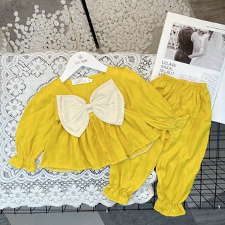 Đồ bộ bé gái, Set tiểu thư áo sơmi babydoll dài tay cổ vuông nơ ngực và quần dài chất đũi cho bé 8-20 kg, SUN KID'S