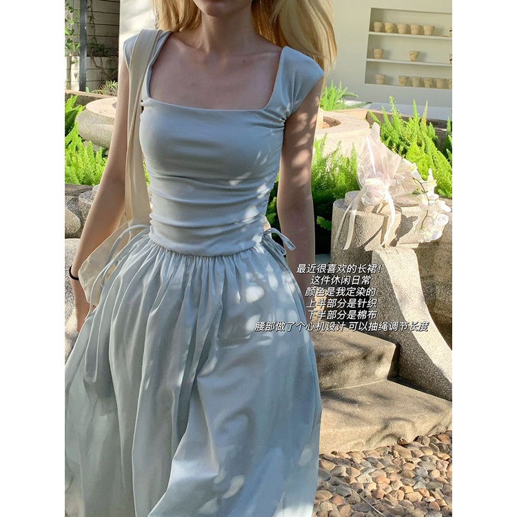 Đầm Dài Dệt Kim Cổ Vuông Eo Cao Thời Trang Mùa Hè 2022 Mới