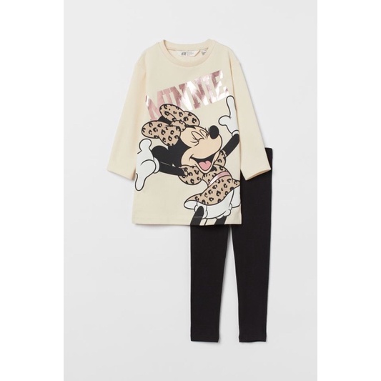 Set áo váy dáng dài nỉ da cá kết hợp quần legging đen Minnie H M Tqxk cho bé gái siêu xinh