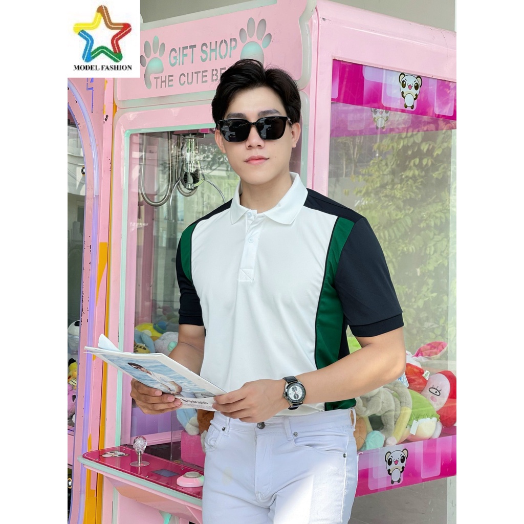 Áo thun polo nam nữ tay ngắn trắng phối sọc xanh Hàn Quốc Model Fashion