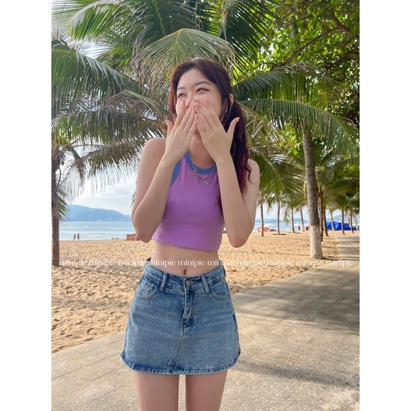 Áo Tank Top / Balo Phối Viền Nhiều Màu Nữ Croptop Kiểu Ôm Cotton Gân Co Dãn Màu Pastel Minipie