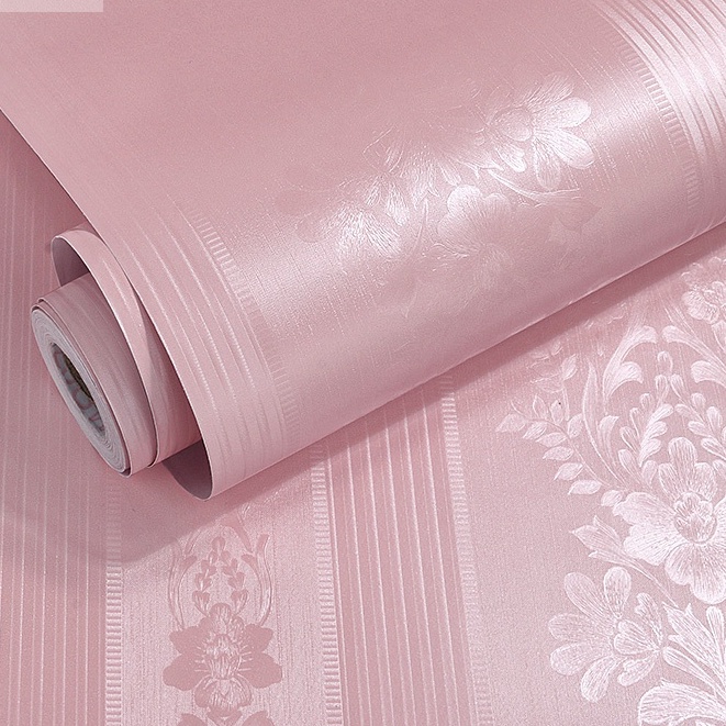 10M Giấy dán tường Sọc hồng Nổi hoa văn cao cấp sẵn keo khổ rộng 45cm
