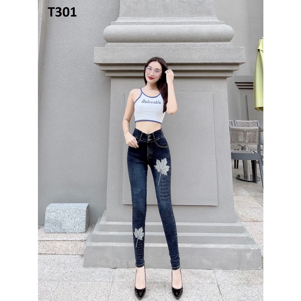 Quần jean nữ thêu hoa co giãn T301