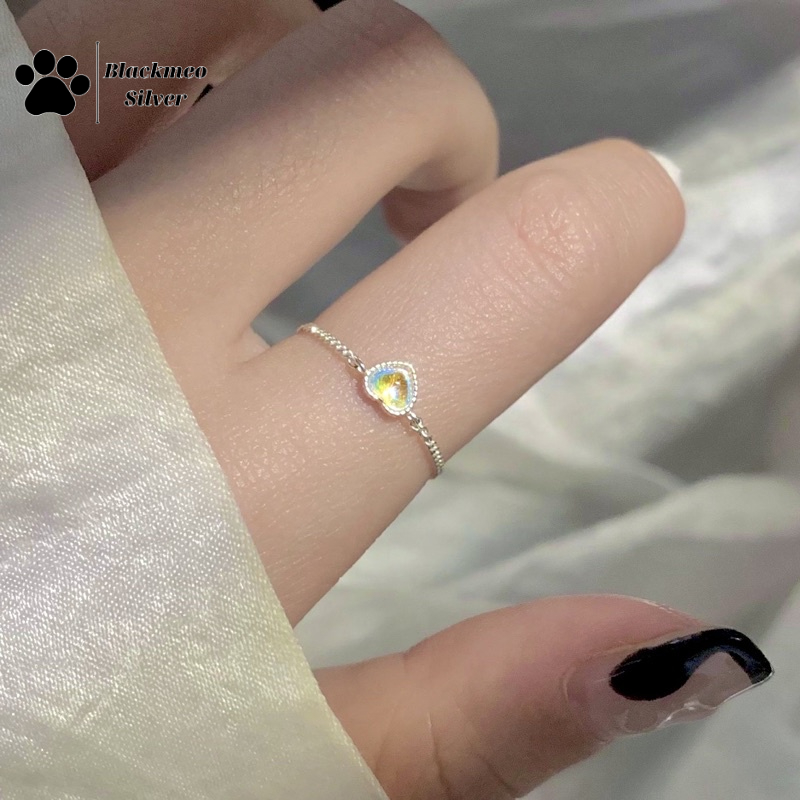 Nhẫn bạc S925 xích tim dây rút moonstone nhân tạo-Blackmeo.silver
