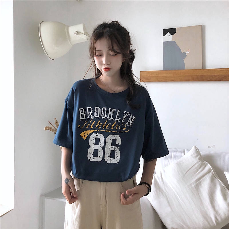 Women Summer Round Collar Big Code Korean Version Printed Loose Short Sleeve T-shirt Simple