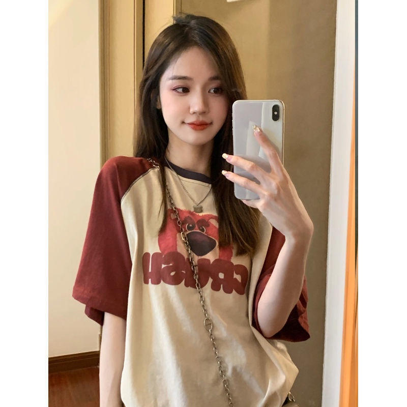 Jiashucheng Áo Thun Tay Ngắn Dáng Rộng In Họa Tiết Gấu Và Dâu Tây Thời Trang Mùa Hè 2023 Mới Cho Nữ