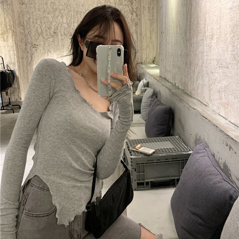 MS6808 Áo thun tăm vạt chéo xẻ tà cổ rộng sexy