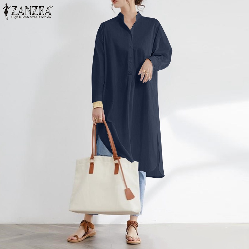 Đầm ZANZEA dài tay cổ tròn màu trơn phong cách Hàn Quốc thường ngày cho nữ