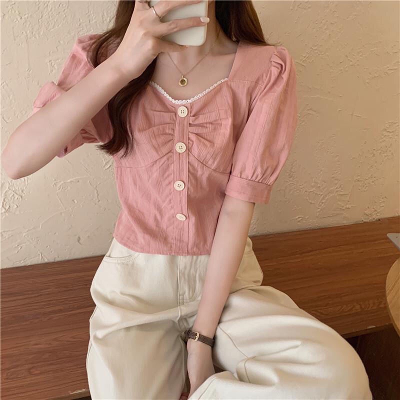 Áo Sơ Mi Cổ Vuông Tay Phồng Phong Cách Pháp Ngọt Ngào Cho Nữ