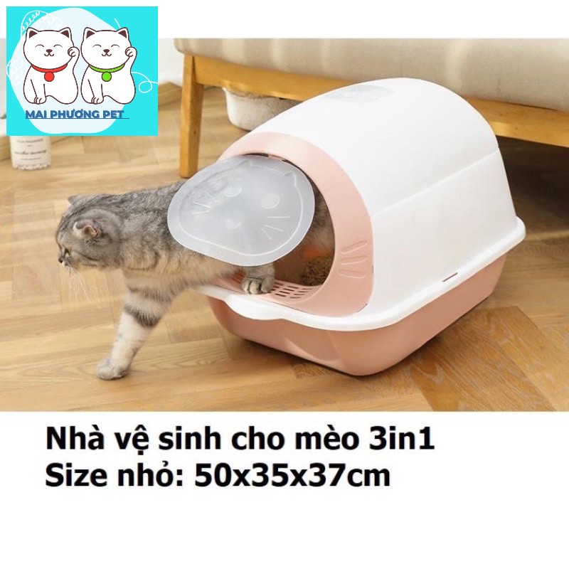 Nhà vệ sinh cho mèo nhỏ dưới 4kg (3in1) dạng hộp kín 3 trong 1 kiêm khay đựng cát và Tặng xẻng xúc cát mèo