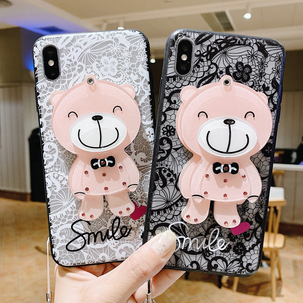 Ốp điện thoại cứng đính gương hình gấu 3D đáng yêu cho iPhone 11 Pro Max X Xs XR 5 5s 6 6s 7 8 Plus 6+ 6s+ 7+ 8+