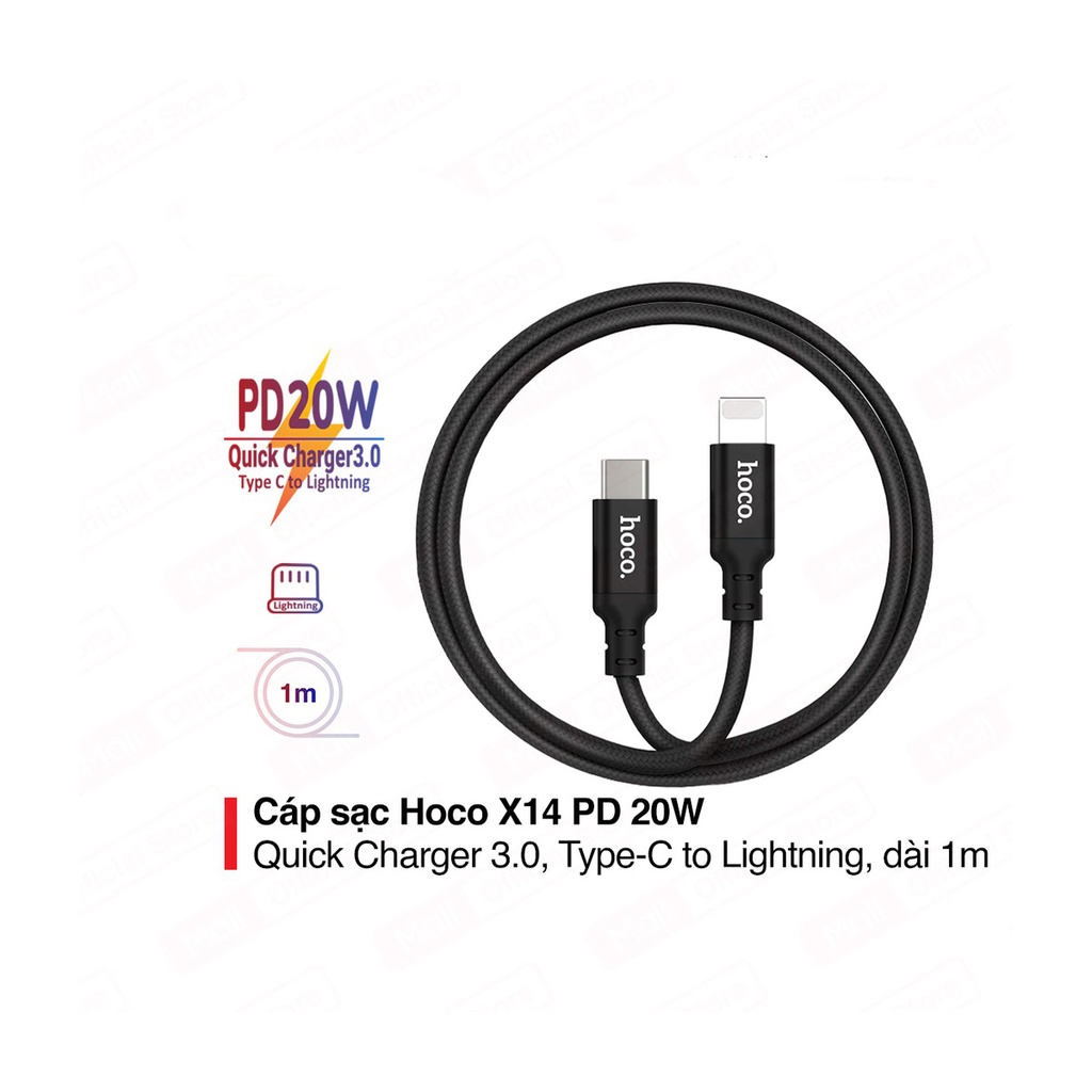 Cáp Sạc Nhanh 20W Cho IPPD 8/8P/X/XsMax/11/12/13/Pro/ProMax - Dây Sạc Hoco X14 Đầu Type-C