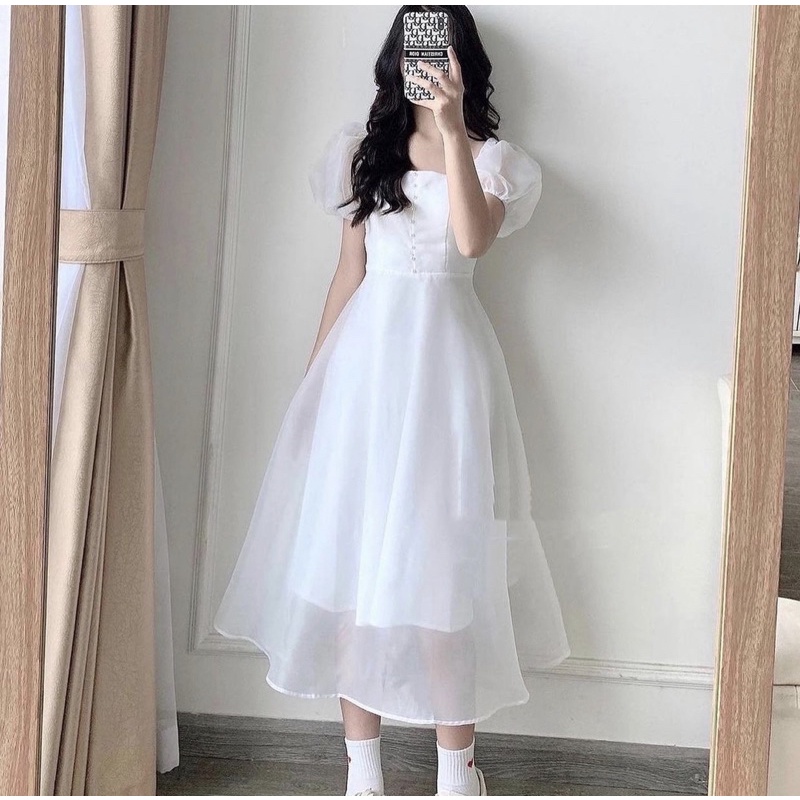 ĐẦM-VÁY TRẮNG TAY VOAN CÚC NGỰC 2 LỚP DÁNG XOÈ CÔNG CHÚA