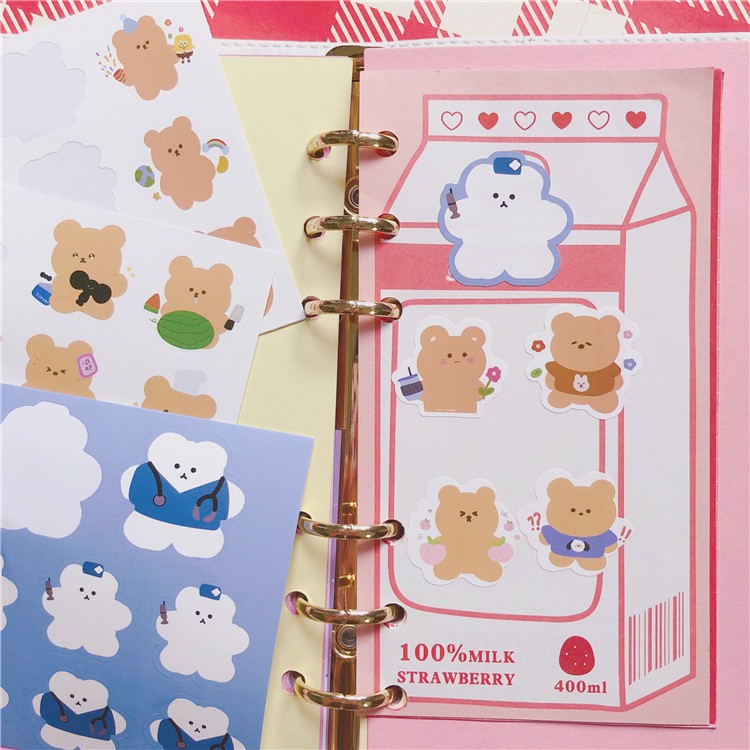 Sticker Hình Theme Gấu Tone Xanh Nâu Dán Trang Trí Đồ Dùng