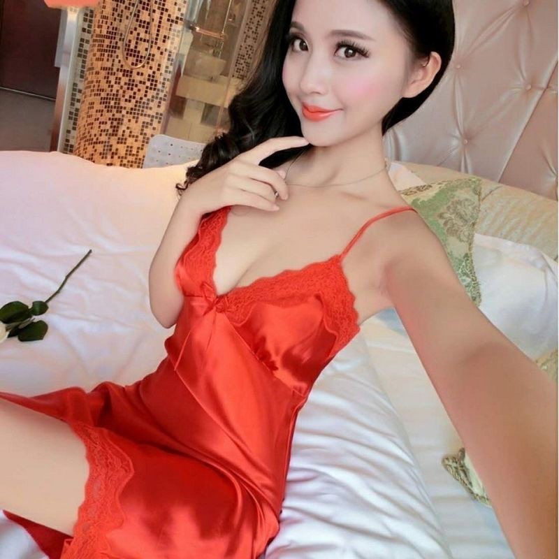 Đầm Ngủ Mặc Nhà Lụa Satin Sexy Đầm ngủ viền ren cổ chữ V cho nữ Không Mút Ngực | BigBuy360 - bigbuy360.vn