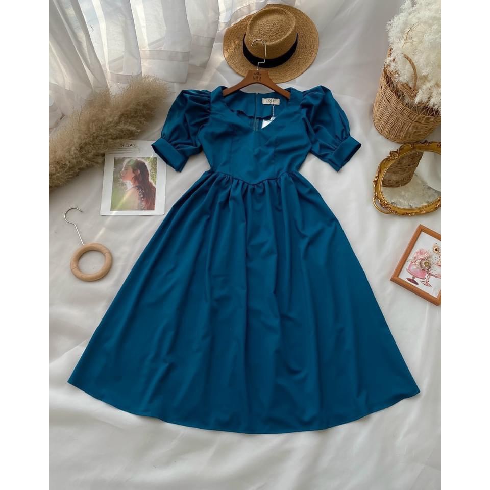 VÁY XANH CỔ V TAY BỒNG VINTAGE | BigBuy360 - bigbuy360.vn