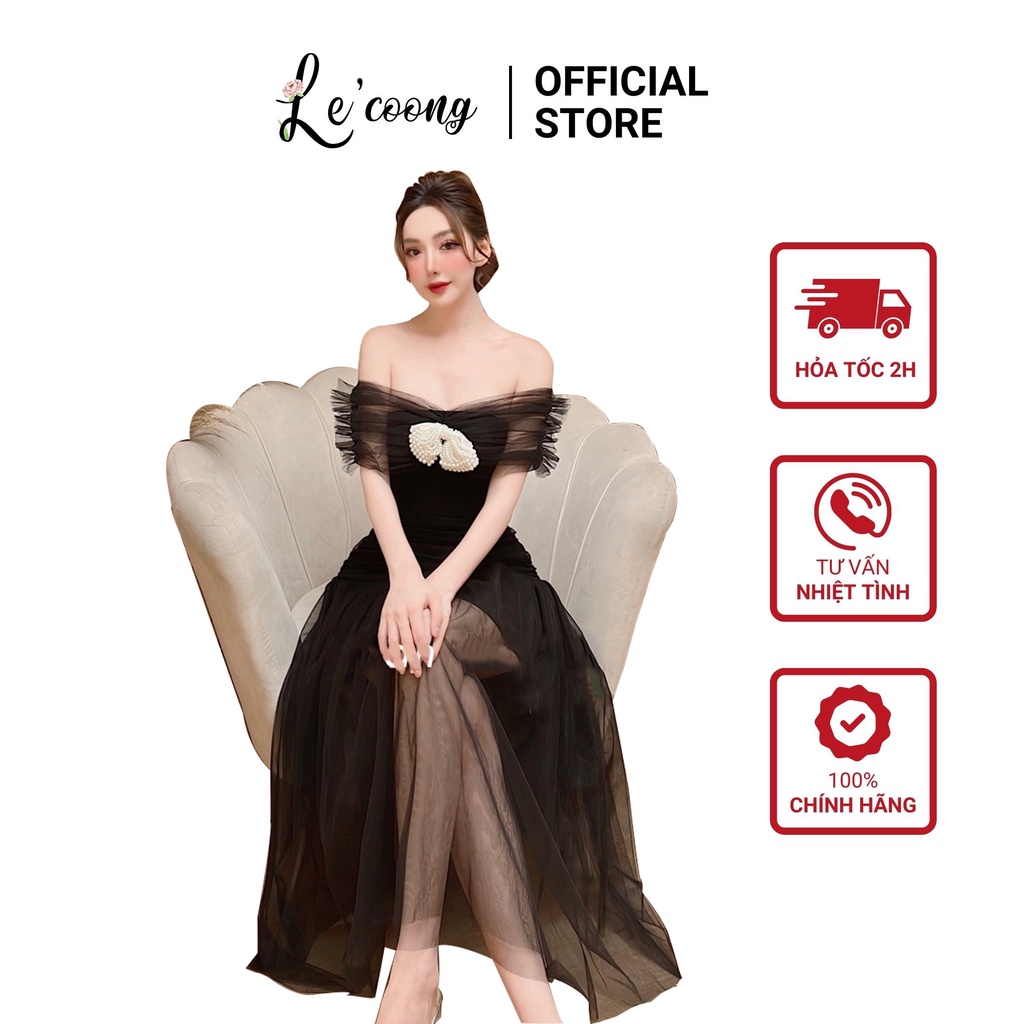 Đầm Trễ Vai Ren Công Chúa LECOONG V200 Dáng Dài Đính Nơ Ngọc