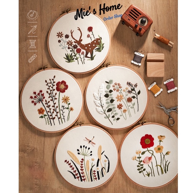 DIY Bộ Combo nguyên liệu may thêu hoa cỏ vintage Hoa Autumn Cổ điển thêu thủ công trang trí nhà cửa - MIE Handmade Shop