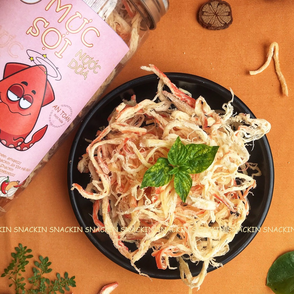 Mực xé sợi hấp nước dừa SNACKIN, hũ pet 250g, 180g, 100g, ăn vặt Hà Nội