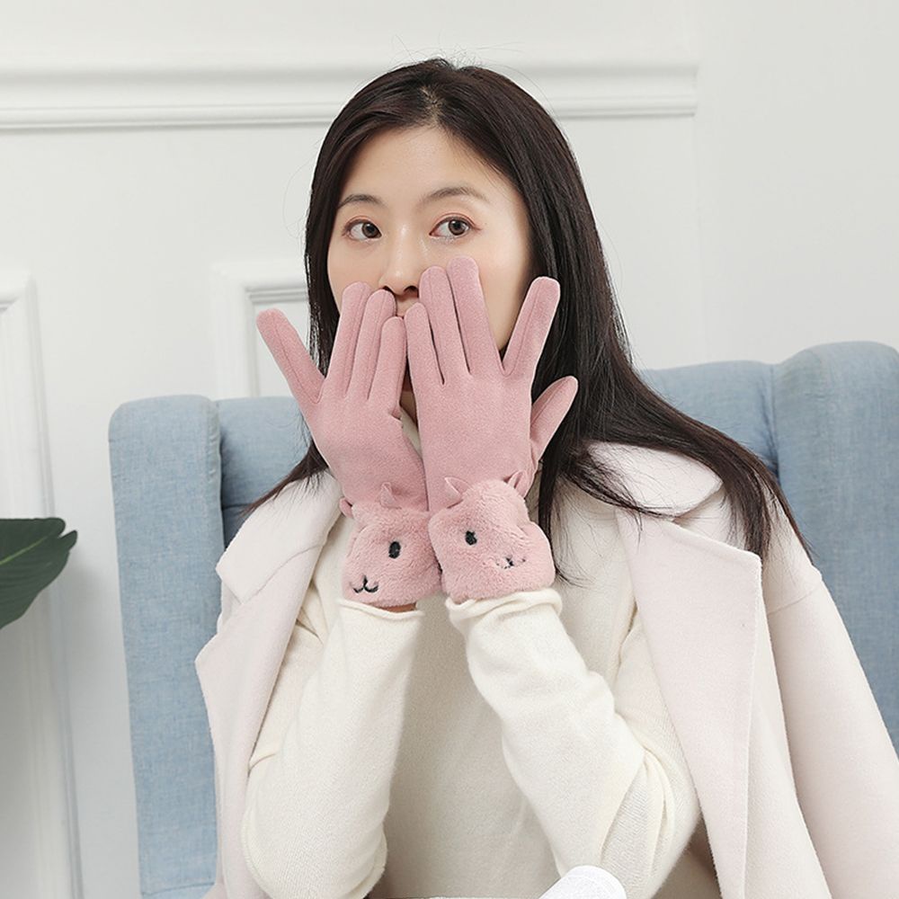 Găng tay da lộn phối lông cừu màu trơn hoạt tiết hình mèo dễ thương phong cách Hàn Quốc cho nữ