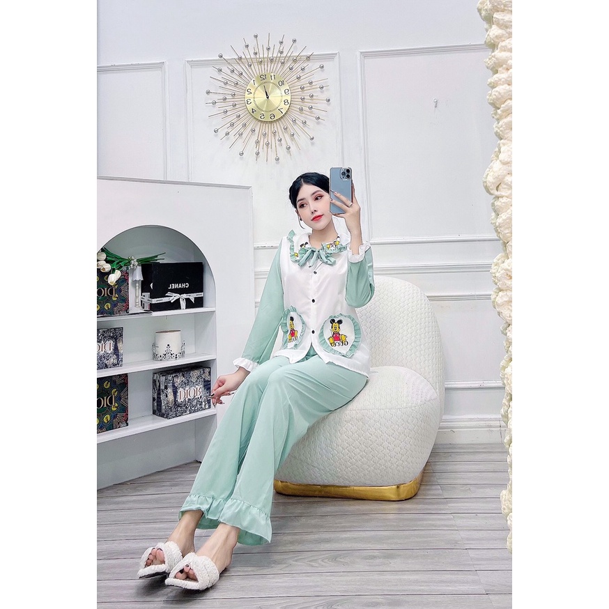 Đồ ngủ pijama tay dài có túi 2 bên họa tiết in  hình mickey vải  kate lụa siêu xinh freesize dưới 57kg