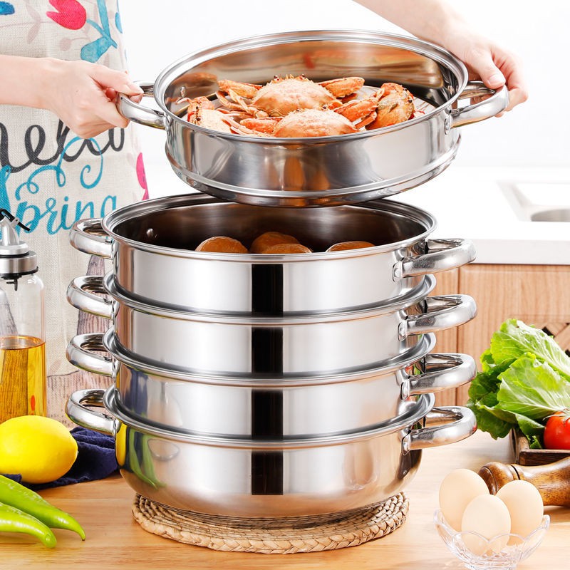 Nồi hấp bánh bằng thép không gỉ với đế dày bếp gas gia đình ba lớp hai lồng từ nhỏ lớn