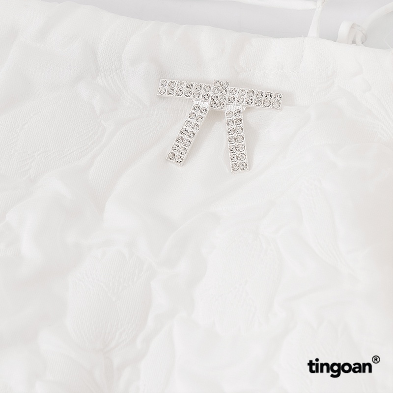 TINGOAN®  - Váy hai dây tay bồng vân hoa 3 lớp dây ngang ngực bồng xòe đính nơ kim loại trắng SLEEPING BEAUTY DRES