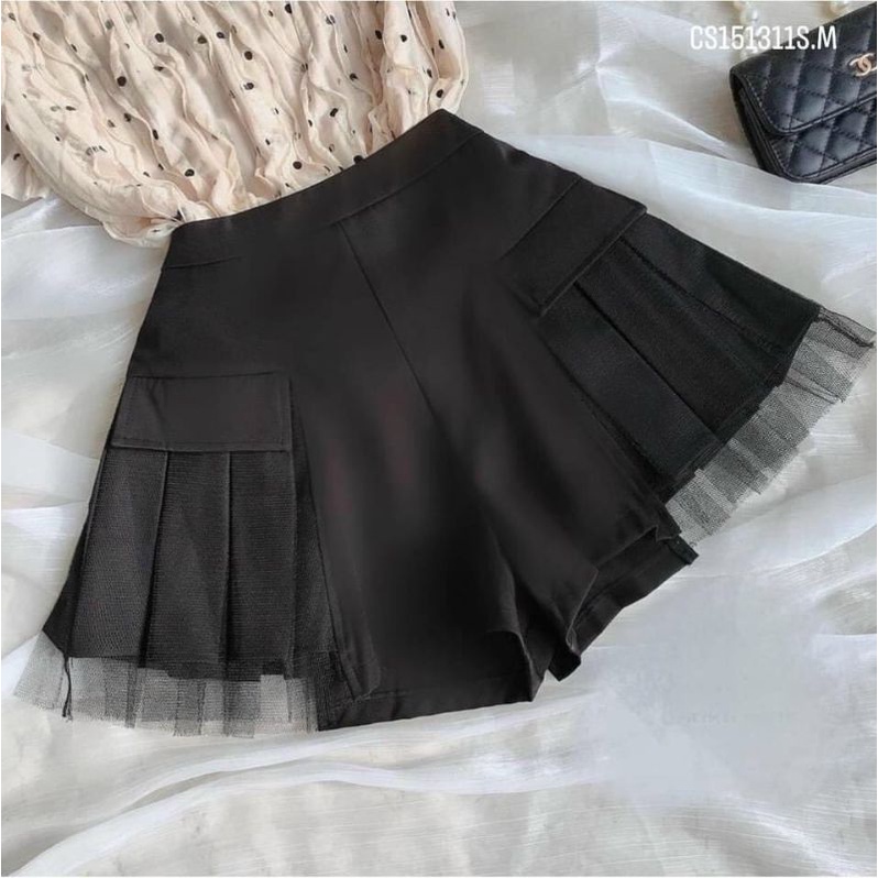 Quần giả váy xếp ly phối lưới