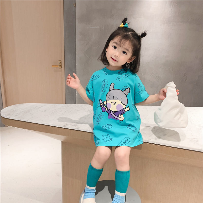 Đầm Thun Ngắn Tay In Hoạt Hình Cho Bé Gái