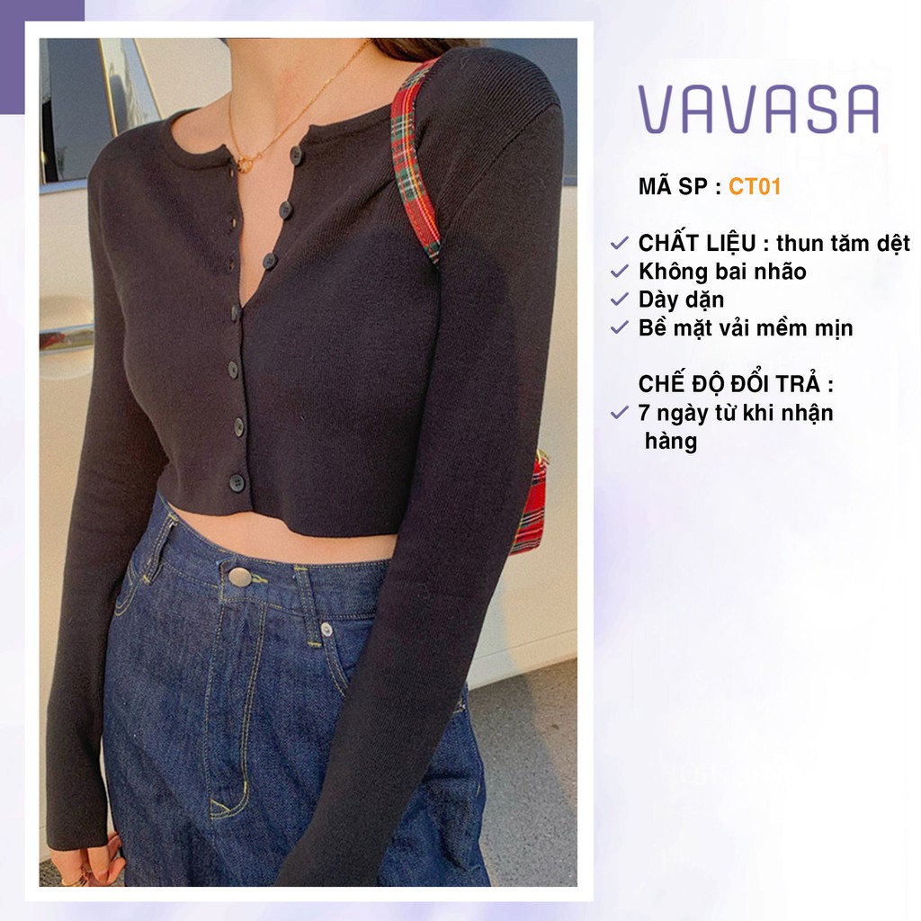 Áo croptop nữ tay dài kiểu ôm bigsize thun body cổ tròn có nút cúc VAVASA CT01