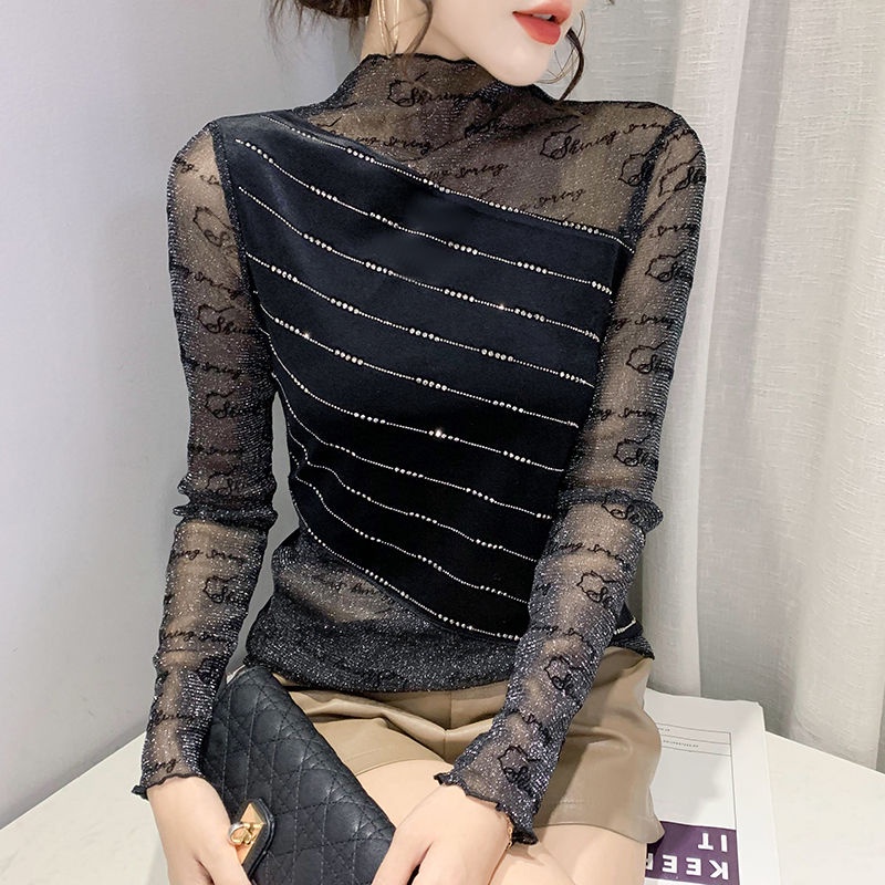 Áo Thun Tay Dài Cổ Cao Phối Lưới Đính Đá Thời Trang Quyến Rũ Phong Cách Phương Tây Cho Nữ 9.20