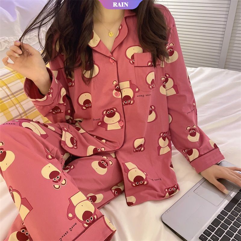 Bộ Đồ Ngủ Hai Mảnh Gồm Áo Cardigan Tay Dài In Họa Tiết Hoạt Hình Gấu Dâu Tây / Hoa Hồng Có Nút Cài Thời Trang Mùa Thu Cho Nữ