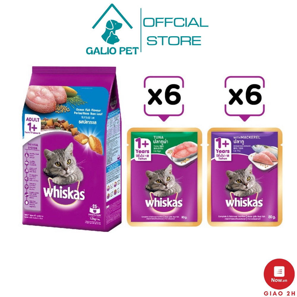 Combo thức ăn mèo lớn dạng hạt WHISKAS vị cá biển 1.2kg + Pate vị cá ngừ 80g (6 gói) + Pate vị cá thu 80g (6 gói)