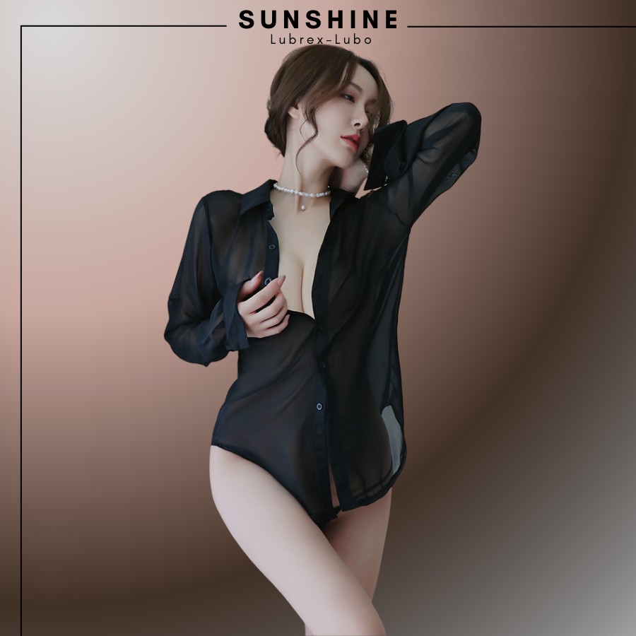 Áo Ngủ Sexy Sơ Mi Ngủ Voan Mỏng Xuyên Thấu Dài Tay Gợi Cảm MÀU ĐEN -SUNSHINE LUBREXLUBO- SMNDAY1184