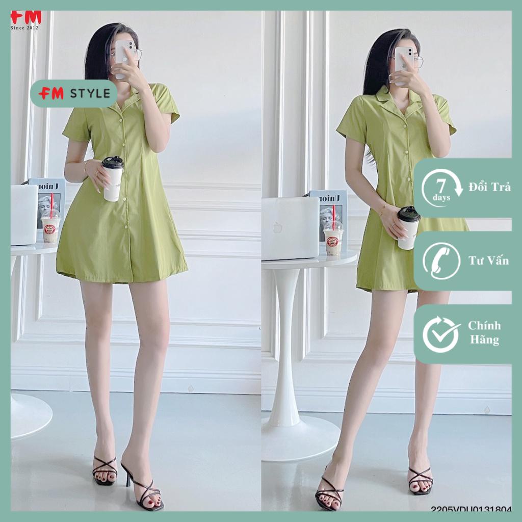 Váy babydoll cổ sơ mi nữ Fmstyle shop Đâm babydoll nhúng eo xoè phối nút dẽ thương 204260030