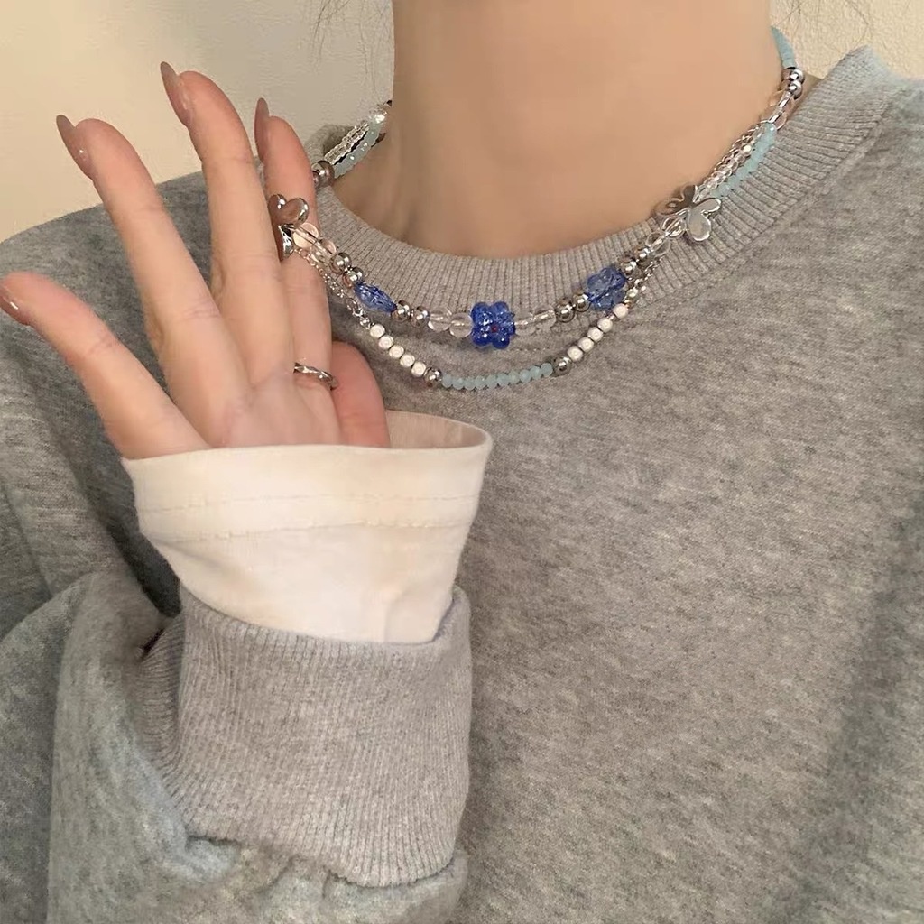 Vòng cổ Hai Lớp Mặt Hình Hoa Và Bướm Đính Đá Xanh Dương Thời Trang