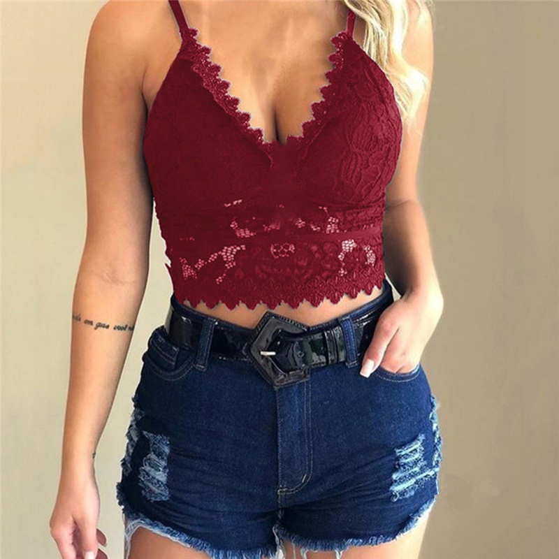 Áo Croptop Hai Dây Cổ Chữ V Phối Ren Hoa Thời Trang Cho Nữ Size Xs-3Xl