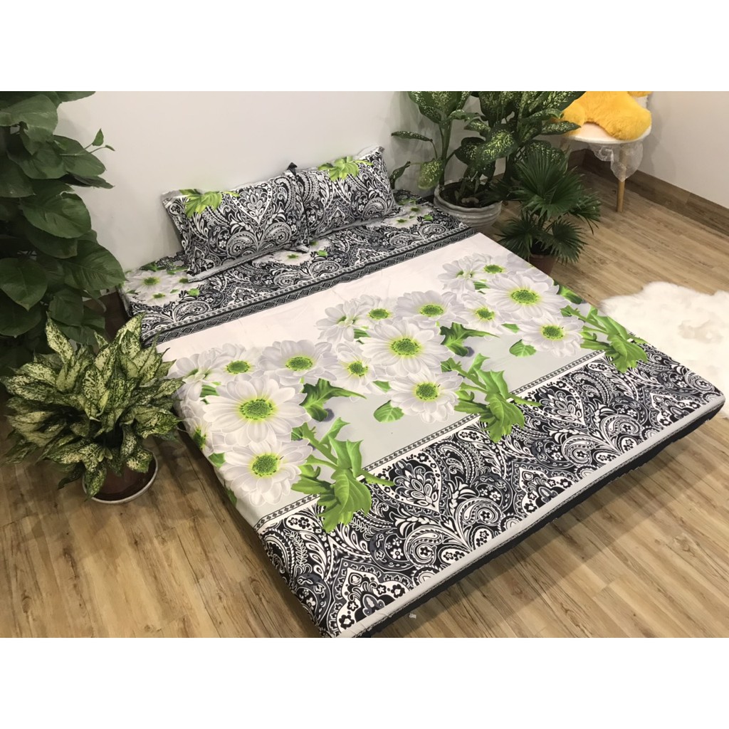 ( Tphcm) Bộ ga giường 1m6 1m8⚡️ 1 ra giuong kèm 2 áo gối nằm 45x65 mẫu hoa cúc thổ cẩm 3D