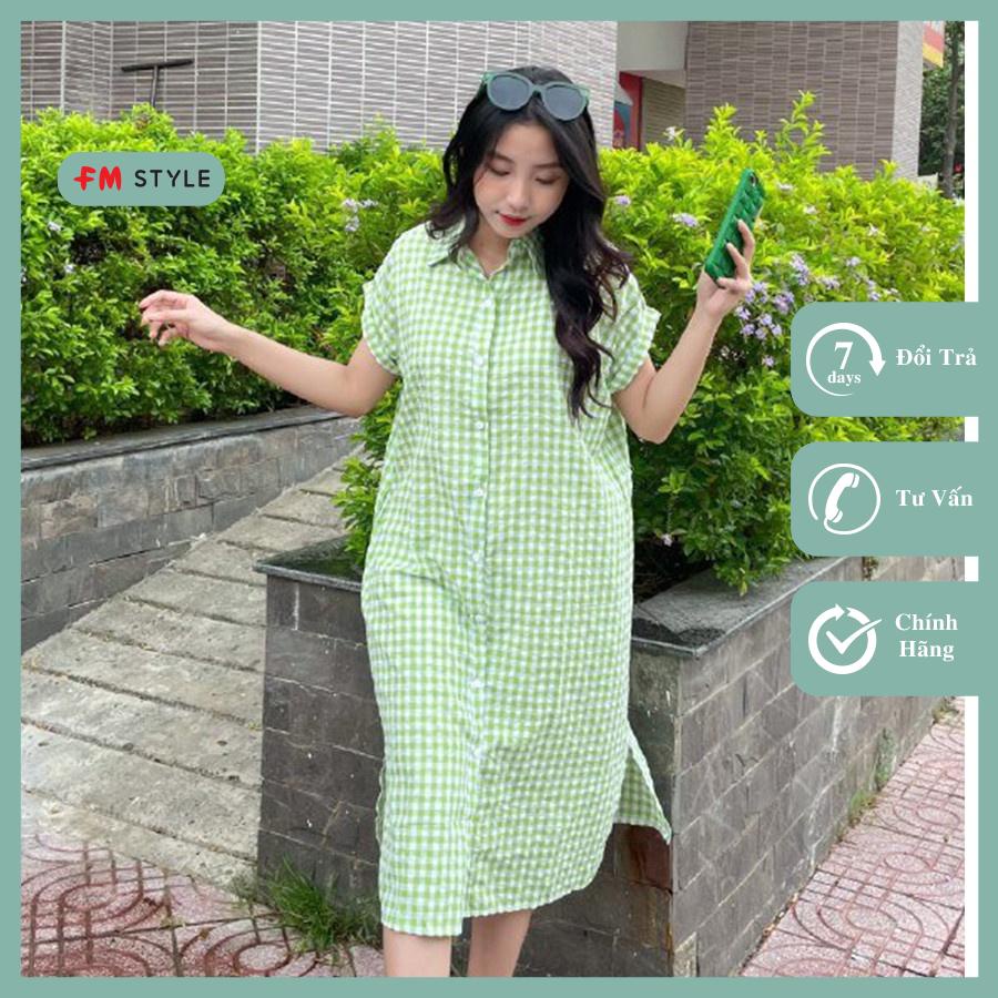 Đầm sơ mi dáng dài FM Style suông hoạ tiết caro cổ bẻ tay dơi xẻ bên phong cách Hàn Quốc 207160103