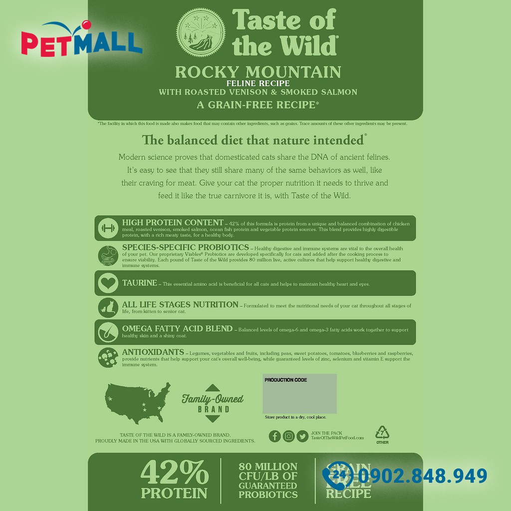Thức ăn mèo Taste Of The Wild Rocky Mountain 2kg - Roasted Venison & Smoked Salmon - thịt nai nướng nhập USA