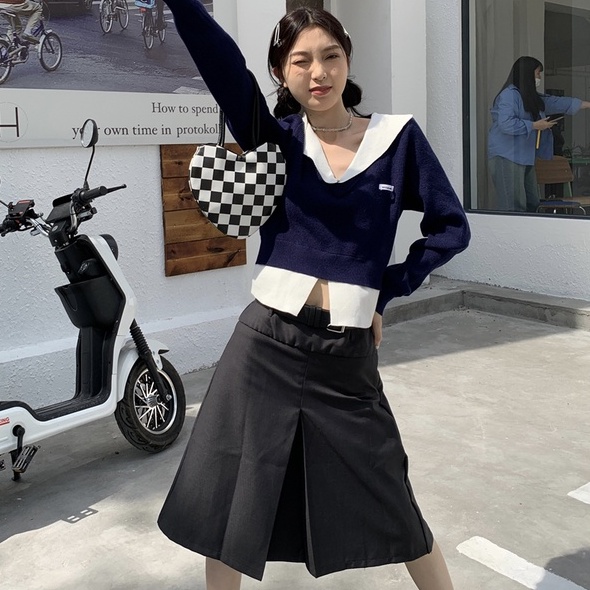 Đầm dệt kim ZHELIHANGFEI giả hai lớp tay dài cổ chữ V lưng cao thời trang trẻ trung